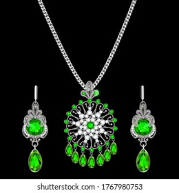 Illustration of a filigree silver jewelry set pendant on a chain and earrings with precious stones