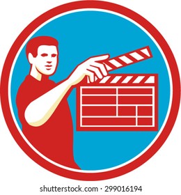 Illustration of a film crew with clapperboard filming viewed from front set inside circle on isolated background done in retro style. 