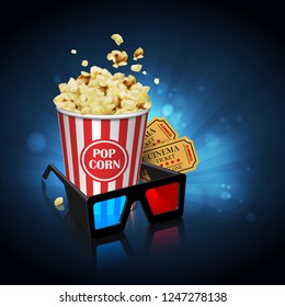 Illustration for the film industry. Glasses, popcorn and tickets  on a reflective surface on a background with highlights. Highly detailed illustration