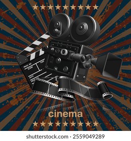 Illustration for the film industry. Movie camera, film strip, clapperboard. High detailed realistic illustration.