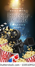 Illustration for the film industry. Popcorn, camera, glasses,  tickets and clapperboard on a background with highlights.  3D vector. High detailed realistic illustration