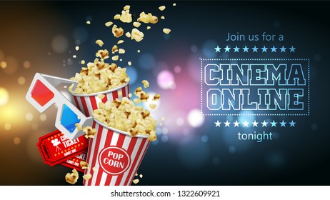 Illustration for the film industry. Popcorn, glasses and  tickets on a background with highlights. Highly detailed illustration. 3D vector. High detailed realistic illustration