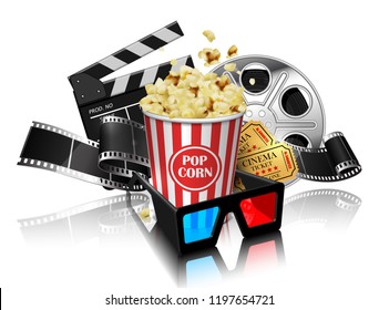 Illustration for the film industry. Popcorn, reel, film and clapperboard  on a white background. Highly detailed illustration