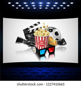 Illustration for the film industry. Popcorn, reel, film and clapperboard  on the cinema screen.. Highly detailed illustration