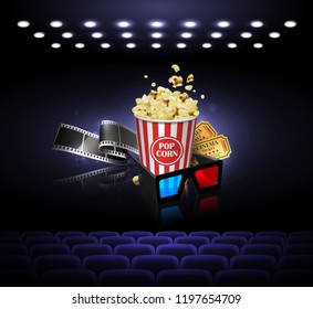 Illustration for the film industry. Film, popcorn and tickets on the cinema screen. Highly detailed illustration