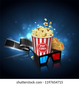 Illustration for the film industry. Film, popcorn and tickets  on a reflective surface on a background with highlights. Highly detailed illustration