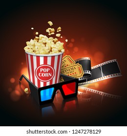 Illustration for the film industry. Film, popcorn and tickets on the cinema screen. Highly detailed illustration