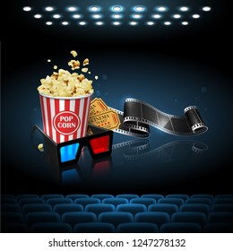 Illustration for the film industry. Film, popcorn and tickets on the cinema screen. Highly detailed illustration