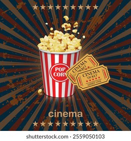 Illustration for the film industry with popcorn and tickets. Highly detailed illustration.