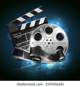 Illustration for the film industry. Reel, film and clapperboard  on a reflective surface on a background with highlights. Highly detailed illustration