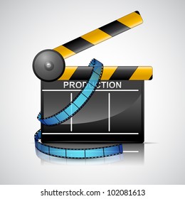 illustration of film reel with clapper board on cinema background