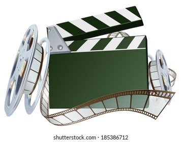 An illustration of a film reel and clapper board with copyspace on the board 