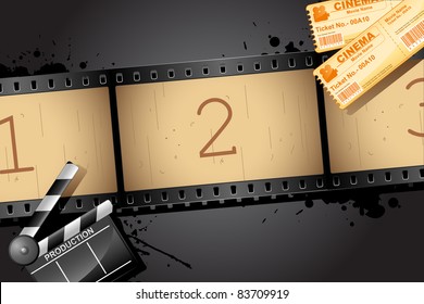 illustration of film reel with clapper board and movie ticket