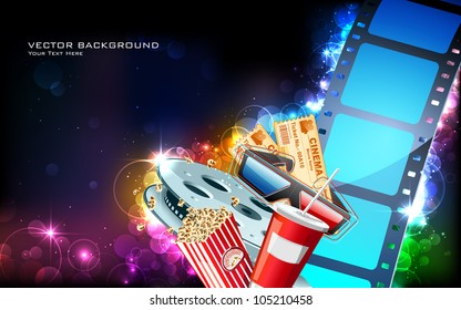 illustration of film reel with pop corn,reel and 3d glasses