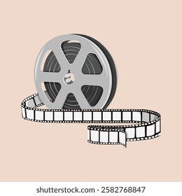 Illustration of a film reel with a strip of film unwinding. The film reel is gray and the film strip is white with black frames. Classic cinema theme. Aesthetic vector illustration.