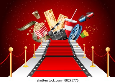 illustration of film stripe laying as red carpet with entertainment object