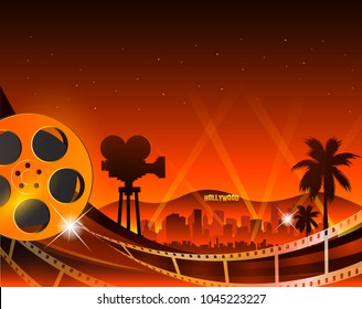 Illustration of a film stripe reel on shiny red movie background