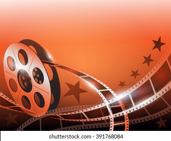 Illustration of a film stripe reel on shiny red movie background