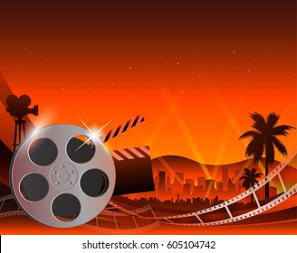 Illustration of a film stripe reel on shiny red movie background