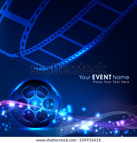 Illustration of a film stripe or film reel on shiny blue movie background. EPS 10