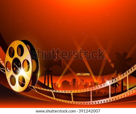 Illustration of a film stripe reel on shiny red movie background