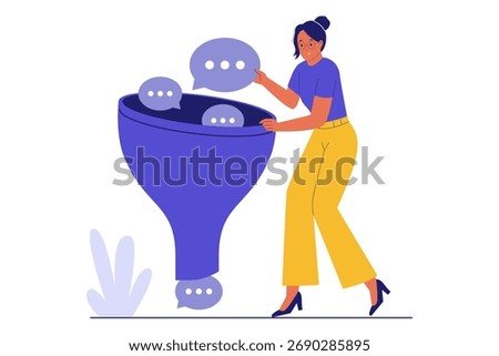 Illustration of Filter Comments and Content Moderation. Illustration of a Woman Sorting User Feedback to Manage Online Conversation and Social Media Activity