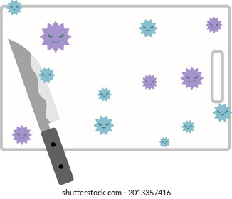 Ilustración de tabla de corte sucia y cuchillo de cocina donde se reproducen bacterias