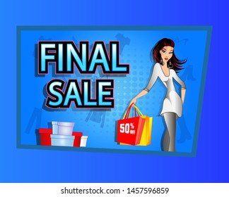 
Illustration. Final sale. Discounts 50 percent. A girl in a silver dress holding bags. Vector full color graphics. The background is blue.