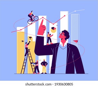 Illustration if Financial advisor study infographics on column graph, analyze evolutionary scale, business, financial planning, stock market, inflation impact. Vector