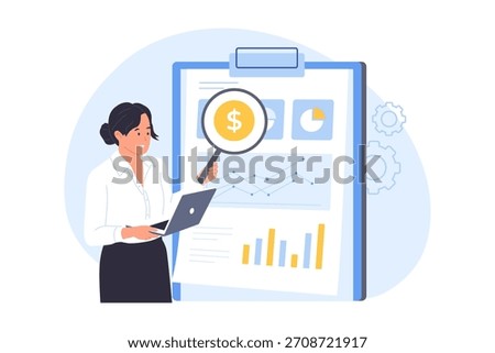 Illustration of Financial Auditor and Data Analysis. A woman professional uses a magnifying glass over a chart, symbolizing financial auditing, data analysis, and business inspection