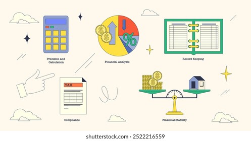 Ilustración de conceptos financieros como cálculo, análisis, mantenimiento de registros, conformidad y estabilidad en la colección de estilo de neutralidad.