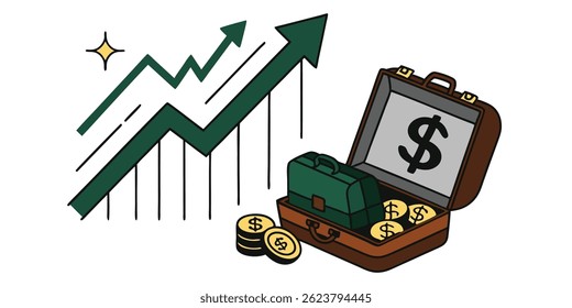 Illustration of financial growth, briefcase full of coins, and dollar sign symbolizing investment, profit, and business success.