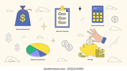 Illustration of financial planning with a piggy bank, pie chart, and calculator in neubrutalism style collection.