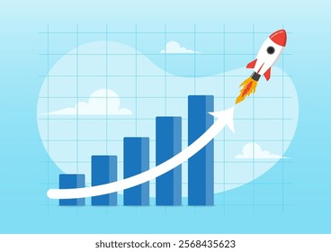 An illustration of financial report graph with exponential arrow from flying rocket. Exponential growth or compound interest, investment, business sales or profit increase concept