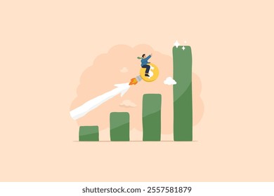 An illustration of a financial report graph featuring an exponential arrow accompanied by a flying rocket, investment growth, compound interest, and exponential success in business and finance.