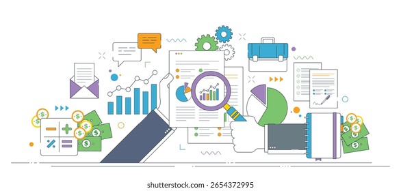 Ilustración con estrategia financiera, análisis de crecimiento y conceptos de planificación con gráfico, lupa e iconos de dinero para representar el éxito económico.