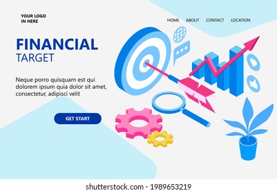 Illustration of a financial target, a target sticking an arrow in the middle. Isometric vector illustration design concept for website