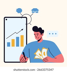 Ilustração de uma tecnologia financeira Analisando dados usando aplicativo móvel