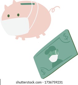Illustration of finantial icons related to coronavirus situation: a pig safe wearing a mask and a money bill wearing a mask