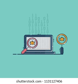 illustration of find bug virus and error in programming coding on laptop with magnifying glass vector flat design