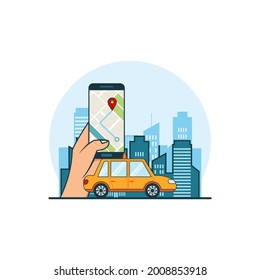 Illustration to find online transportation concept with smartphone maps gps location. Design vector with flat style