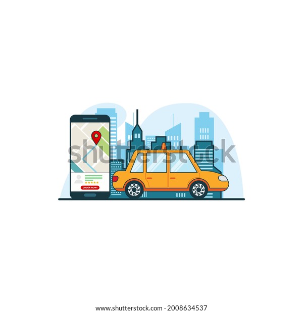Illustration to\
find online transportation concept with smartphone maps gps\
location. Design vector with flat\
style
