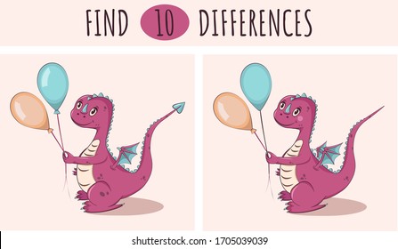 Illustration of Finding Differences. Find the differences. Game for Children. Find 10 differences. Cute little dragon. 