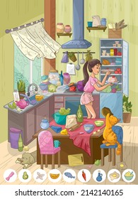 Illustration for finding objects about a girl cooks in the kitchen