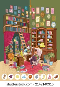 Illustration for finding objects of boy reading book in huge library with books