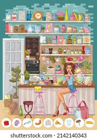 Illustration for finding objects of girl drinking a milkshake in a cozy coffee shop