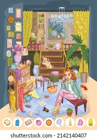 Ilustración para encontrar objetos de niña en el vestíbulo se está preparando antes de salir de la casa