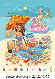 Illustration for finding objects of girls relax on the beach with thousand little things