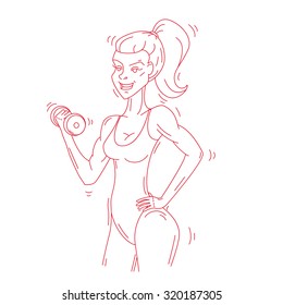 Illustration of fine lines girl with dumbbells for fitness. Sports figure, a healthy lifestyle