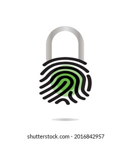 Ilustración de huellas dactilares en el candado y escaneo en curso. Concepto de ciberseguridad.